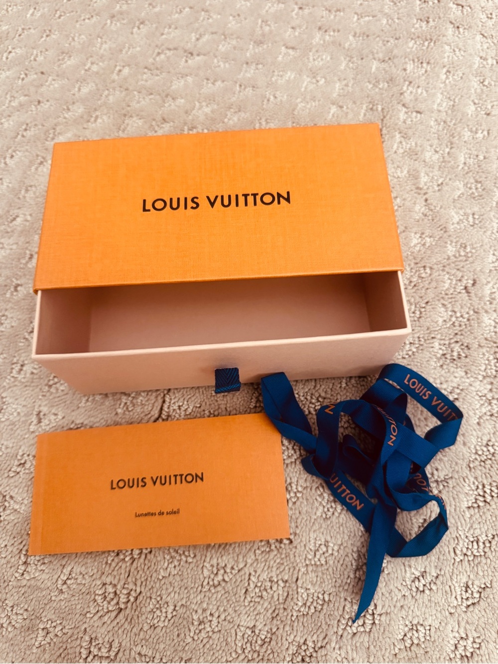 Louis Vuitton Orange Box with Deep Blue Branded Ribbon and booklet